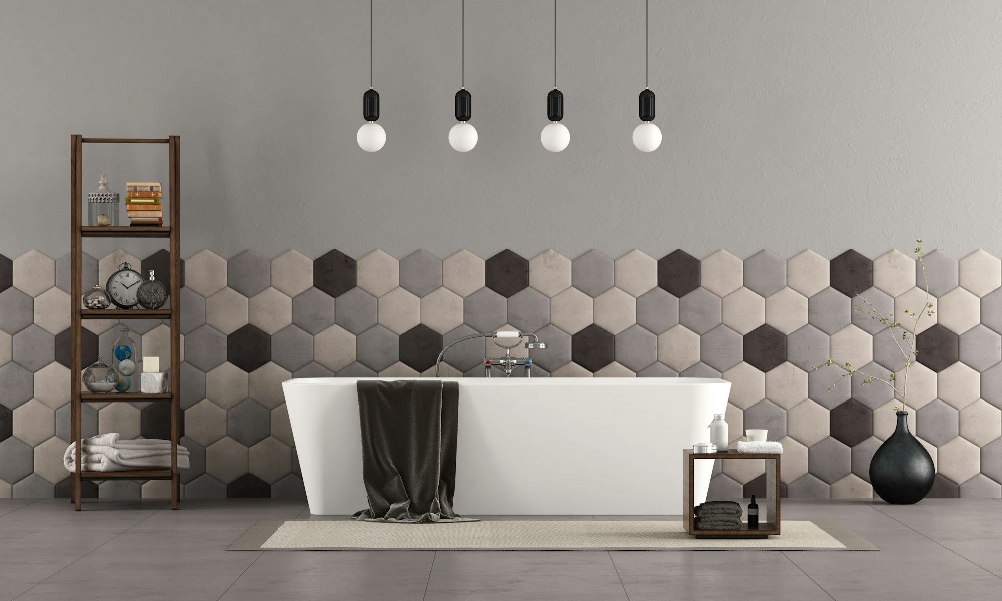 Bathroom with bathtub and hexagonal tiles