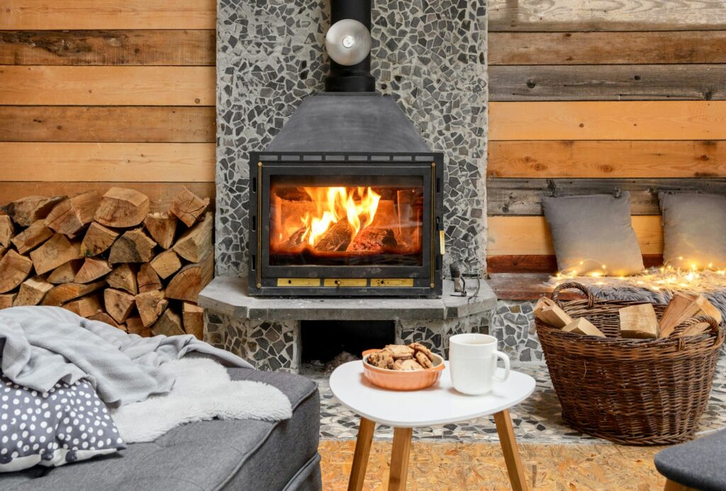 Cozy cabin interior with a burning fireplace