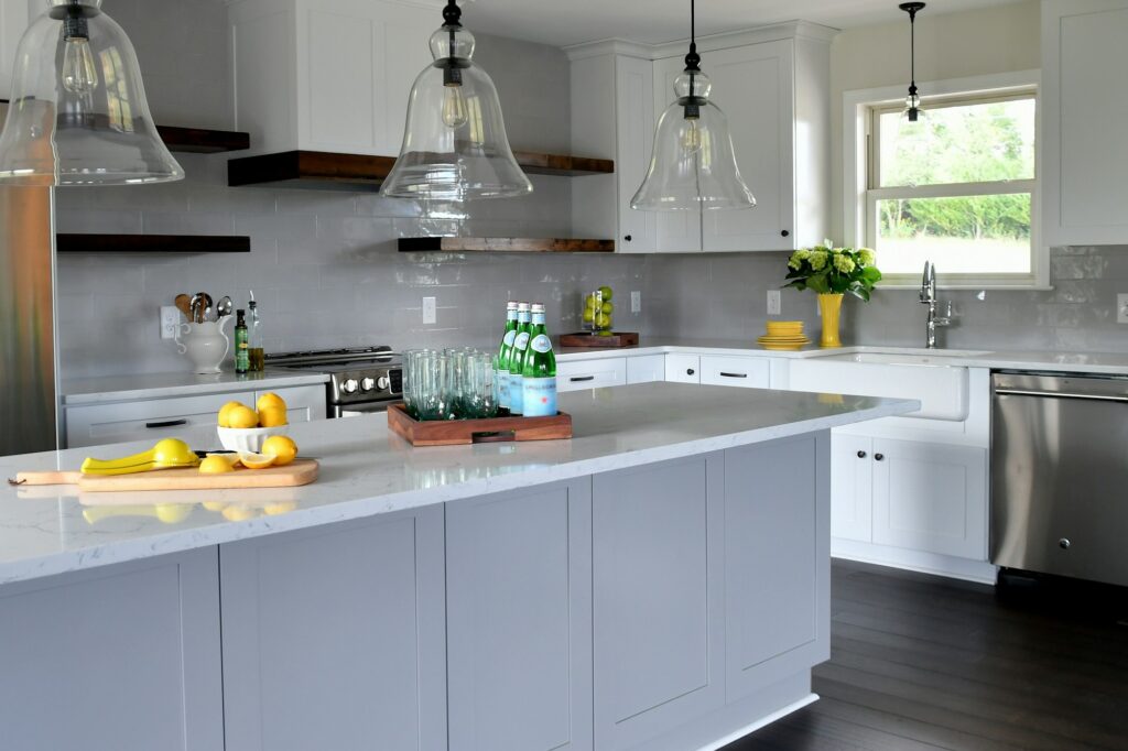 Bright cheery kitchen in a new home with open concept layout, light and airy