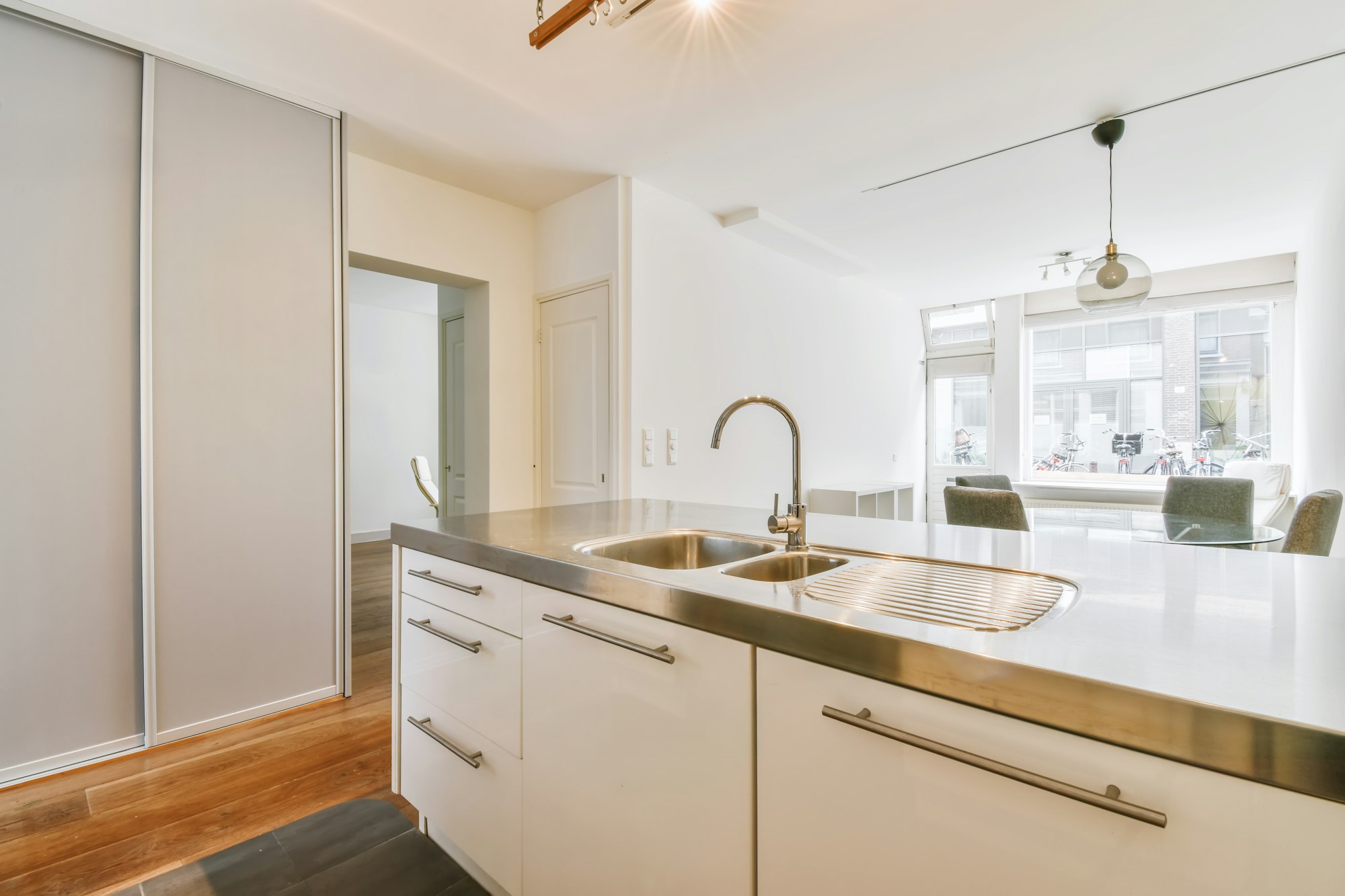 Kitchen area with metal countertop