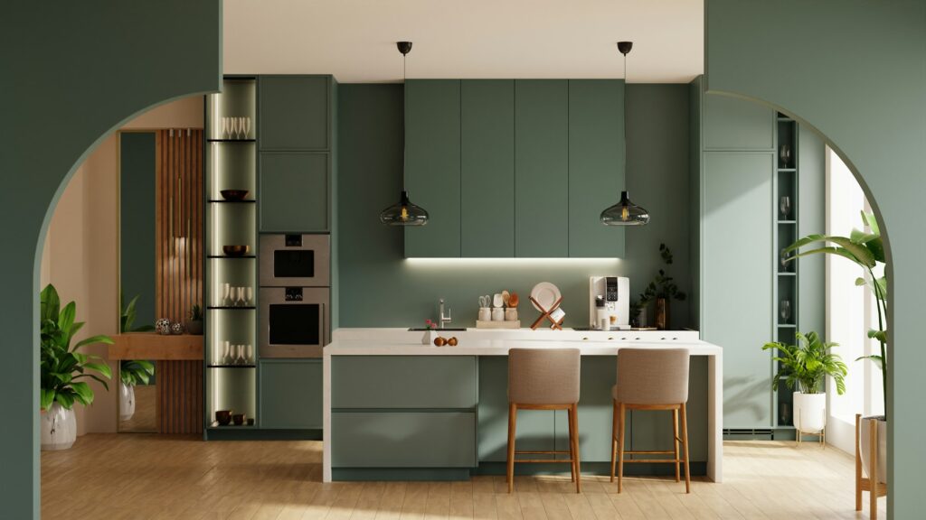 Modern kitchen decorated with light green cabinets and white countertops.