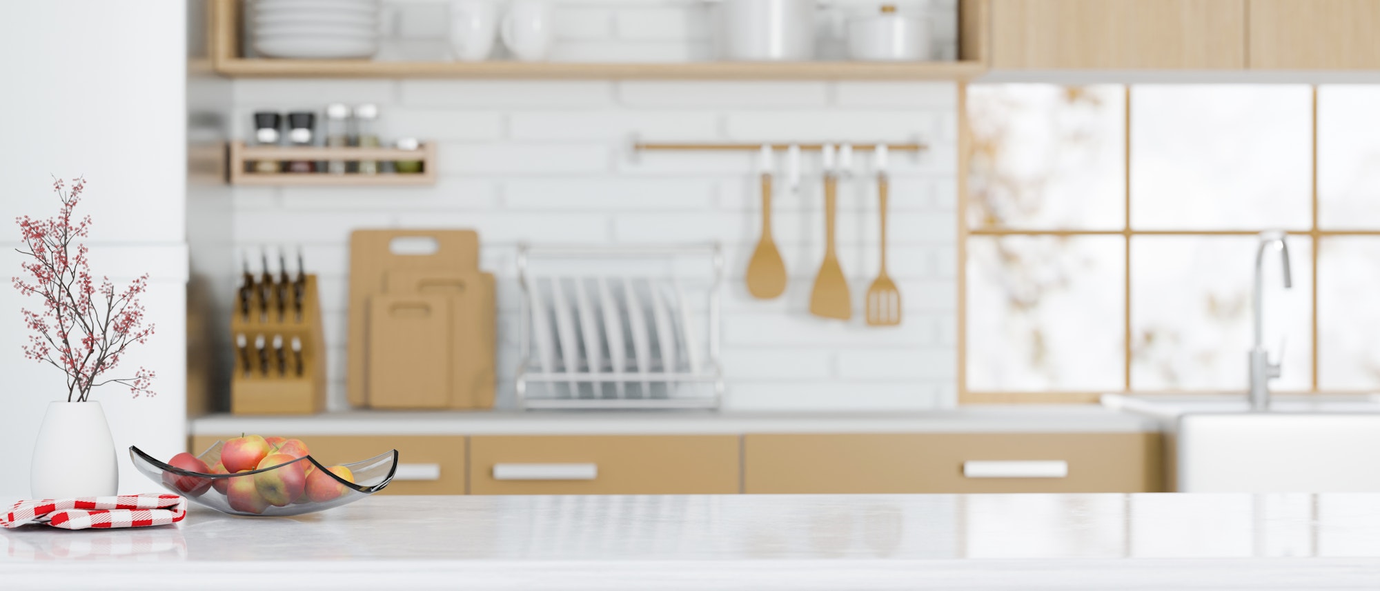 white granite kitchen countertop island on modern Scandinavian kitchen space.